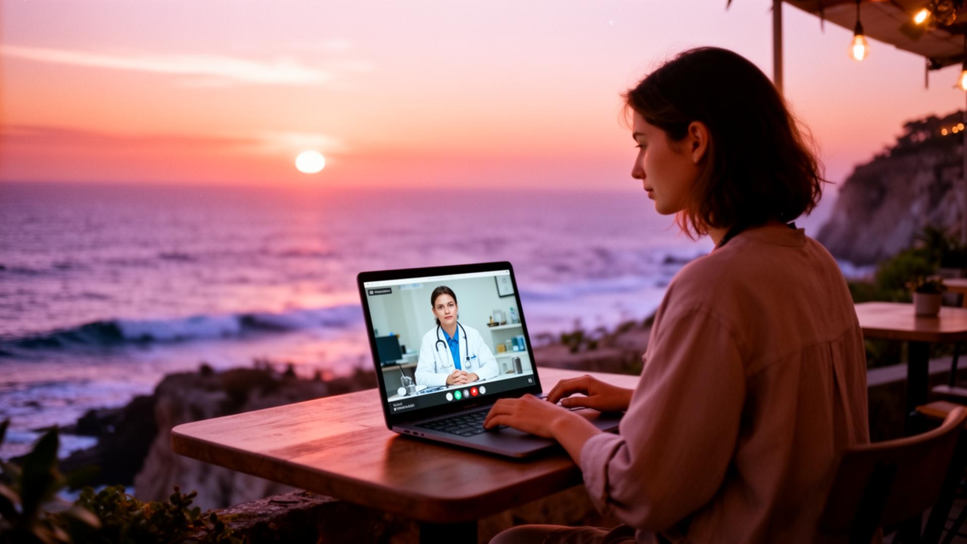 Digital nomad working from an oceanfront cafe