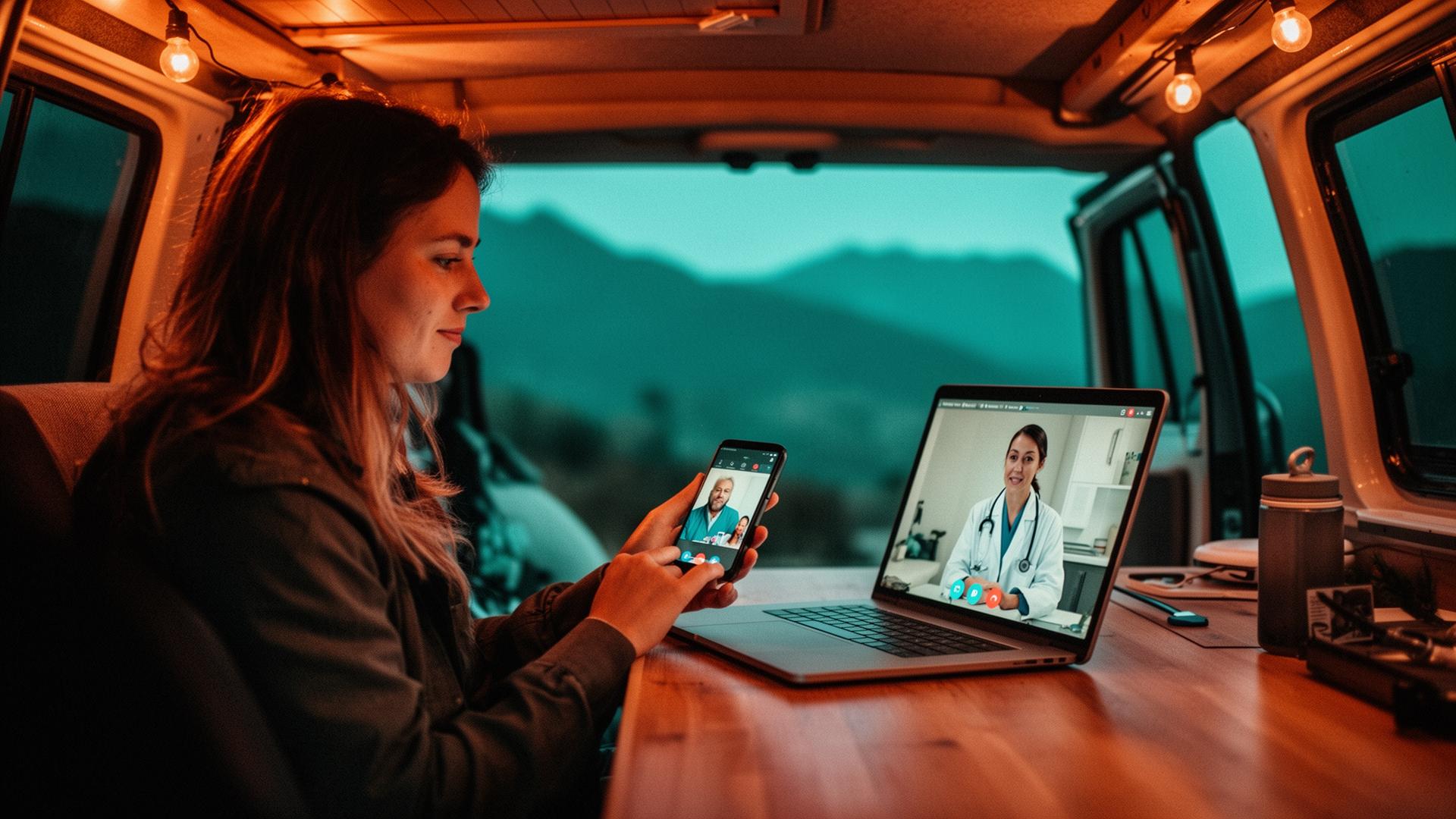 Van-lifer on a telehealth video visit at dusk